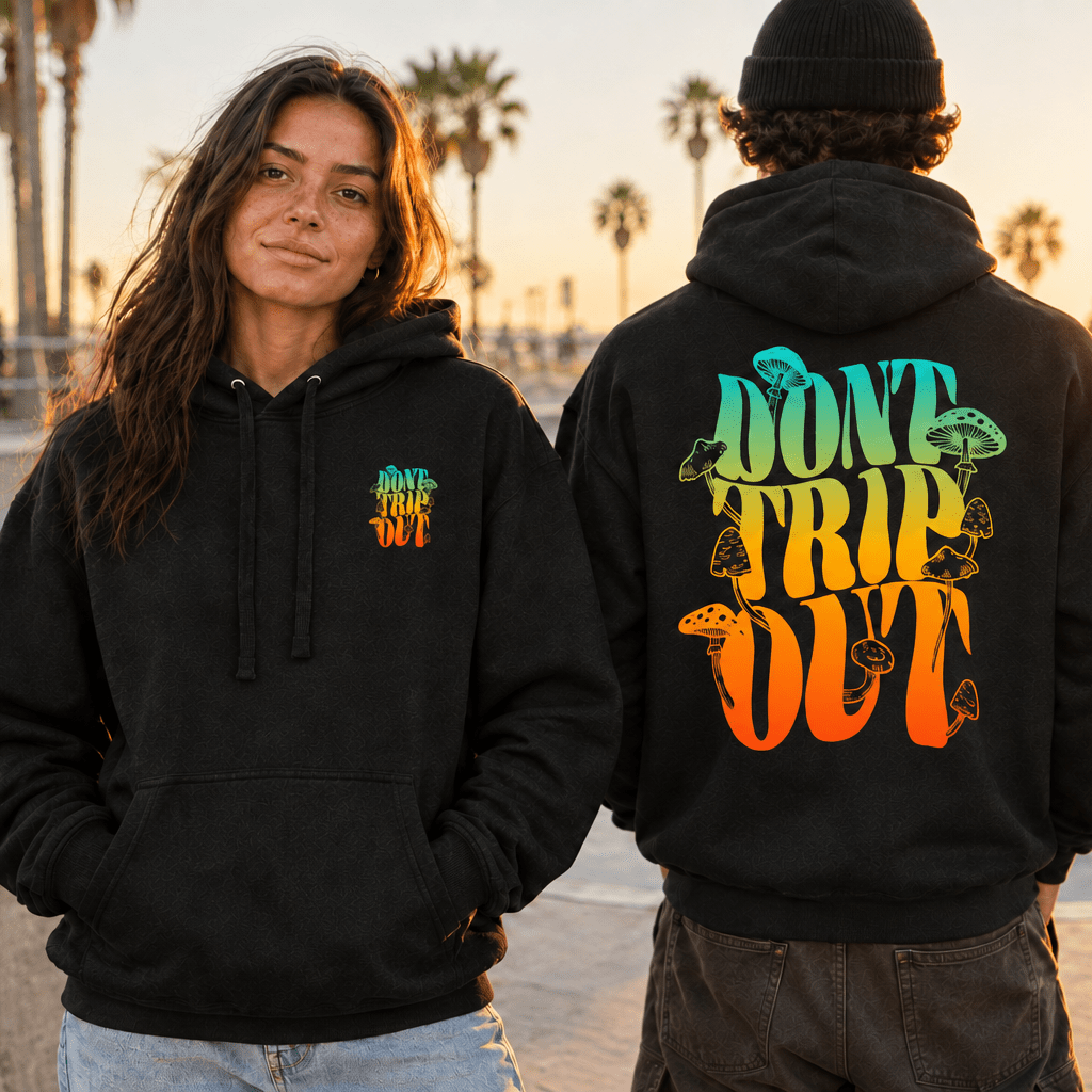 Woman with small front chest graphic and man with large hoodie back graphic