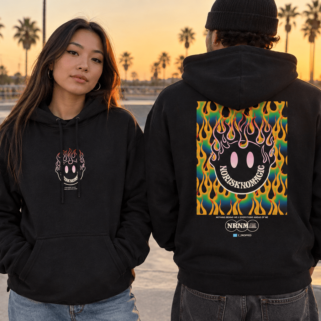 No Risk No Magic hoodie at the skatepark with a different model pair