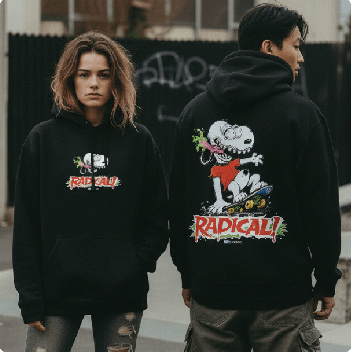 Two people wearing black hoodies with a snoopy fink cartoon character designs and 'RADICAL!' text.