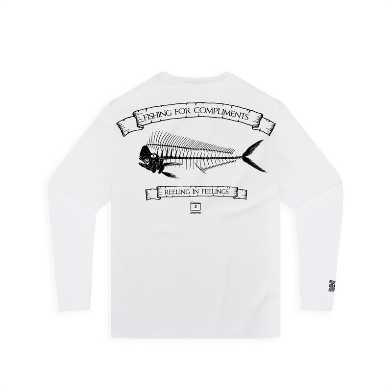Rear view of a white long sleeve shirt with a large black mahi skeleton fish graphic and 'Fishing For Compliments' text on a white background