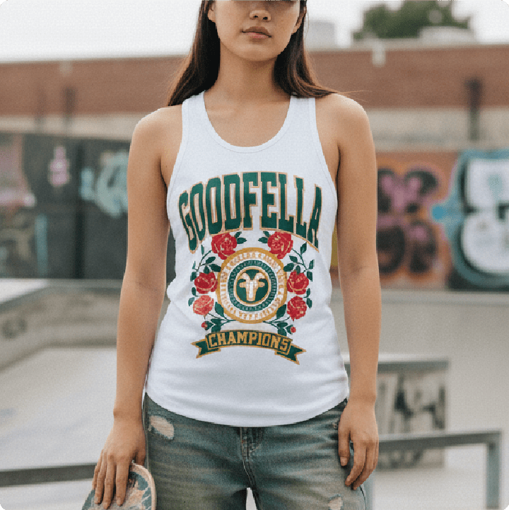 woman at a skatepark wearing a white goodfella racerback tank top at a skatepark.