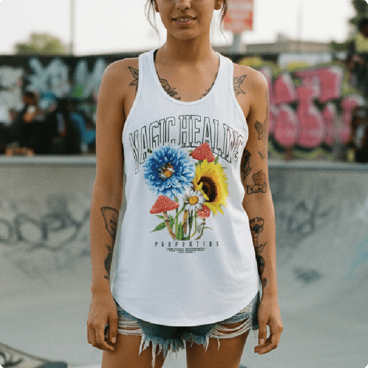 woman wearing a white racerback with bright flowers and 'Magic Healing' text at a skate park.