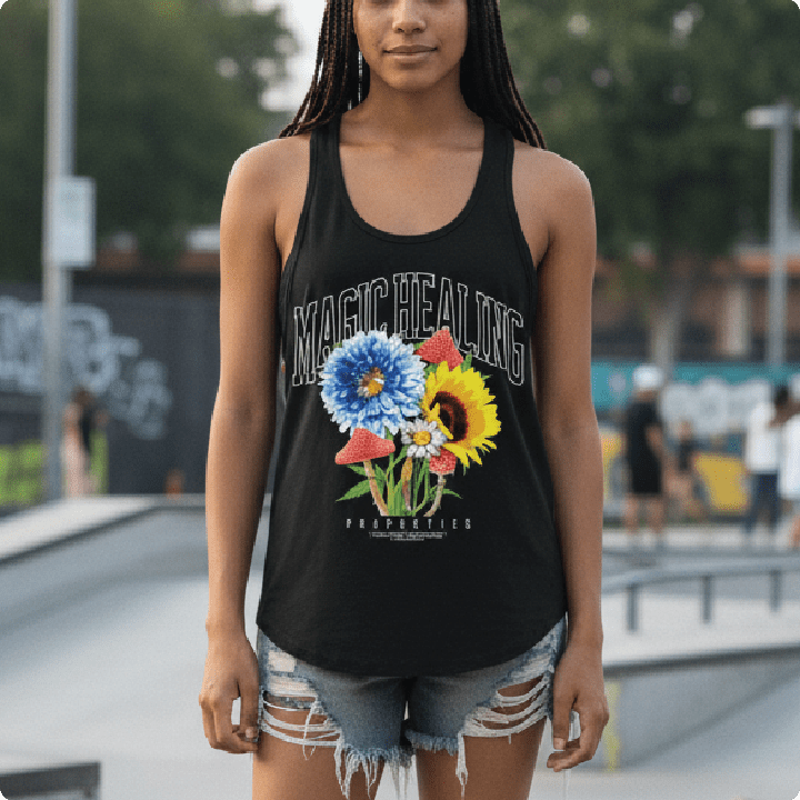 woman wearing a black racerback with bright flowers and 'Magic Healing' text at a skate park.