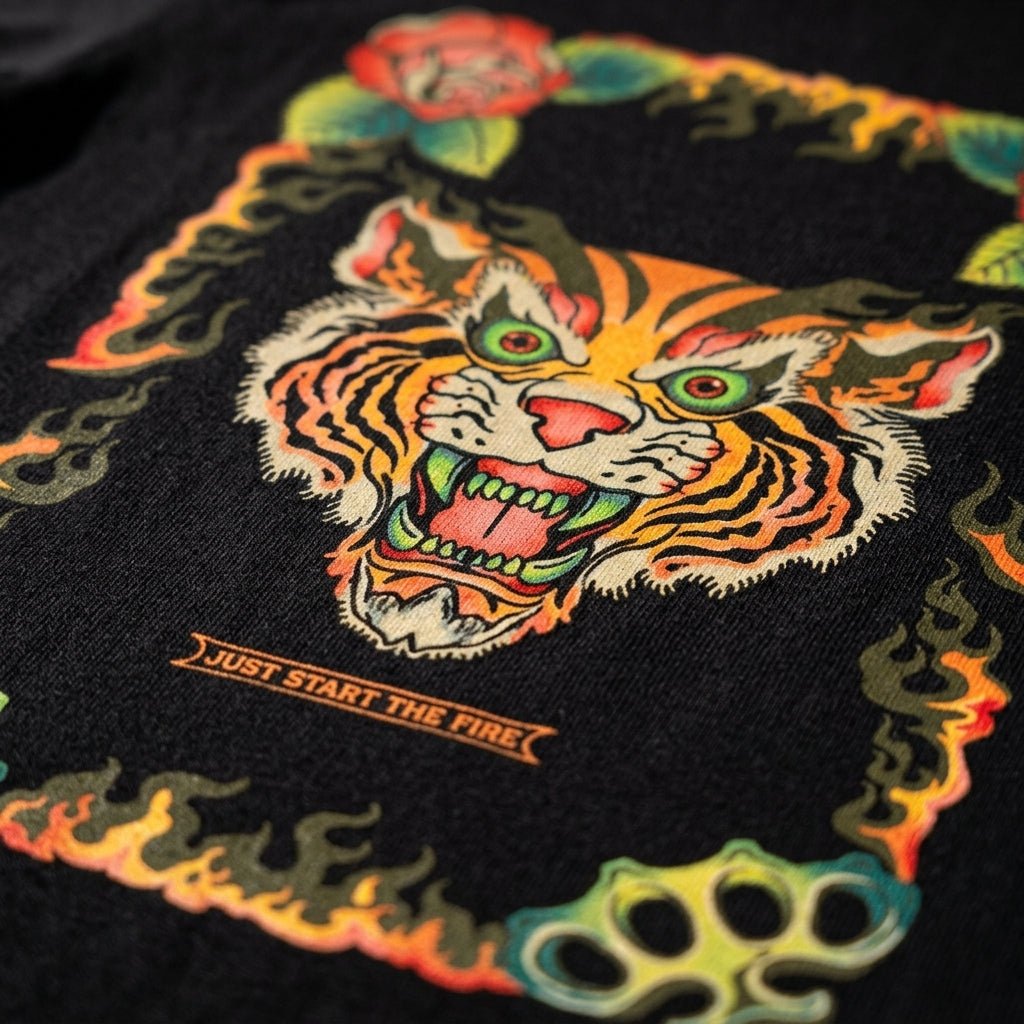 close up detailed shot of zdropped exotics youth t-shirt on a black garment