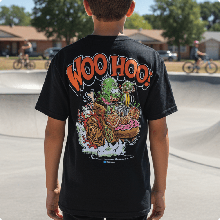 Rear view of a boy wearing a black t-shirt with a large zombie inspired homer graphic and 'WOO HOO!' text on the back, standing in a sunny outdoor skatepark.