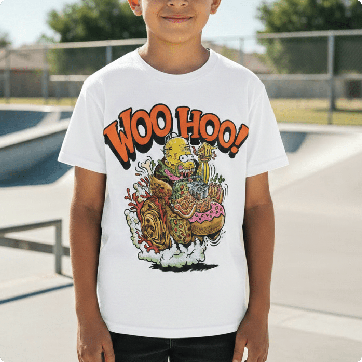 A child wearing a white graphic t-shirt with a zombie homer themed print and 'WOO HOO!' text in orange, standing in a skatepark.