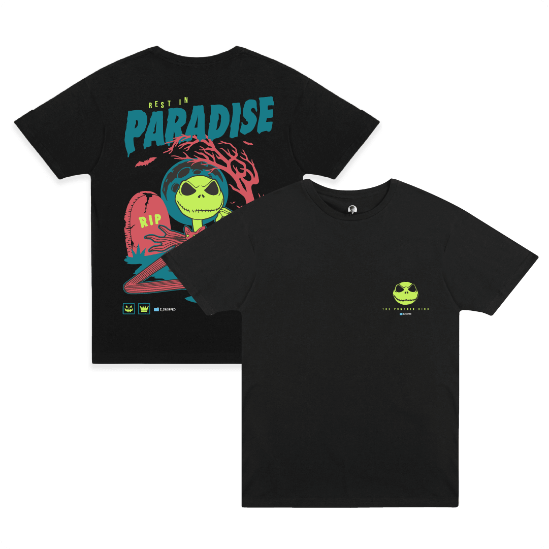 front and back view of a black t shirt with Halloween vibes and a skeleton zombie coming out of a grave.