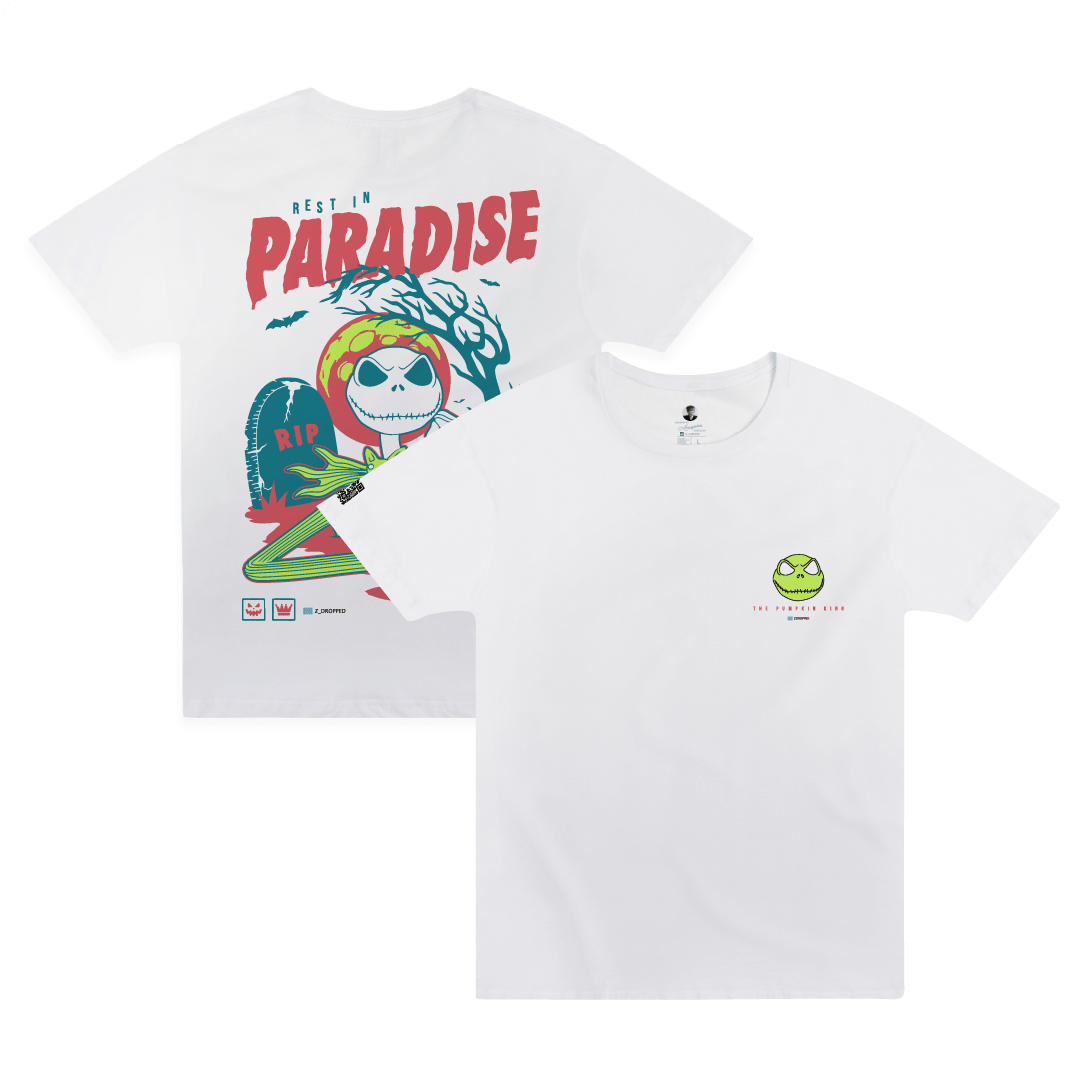 front and back view of a white t shirt with Halloween vibes and a skeleton zombie coming out of a grave.