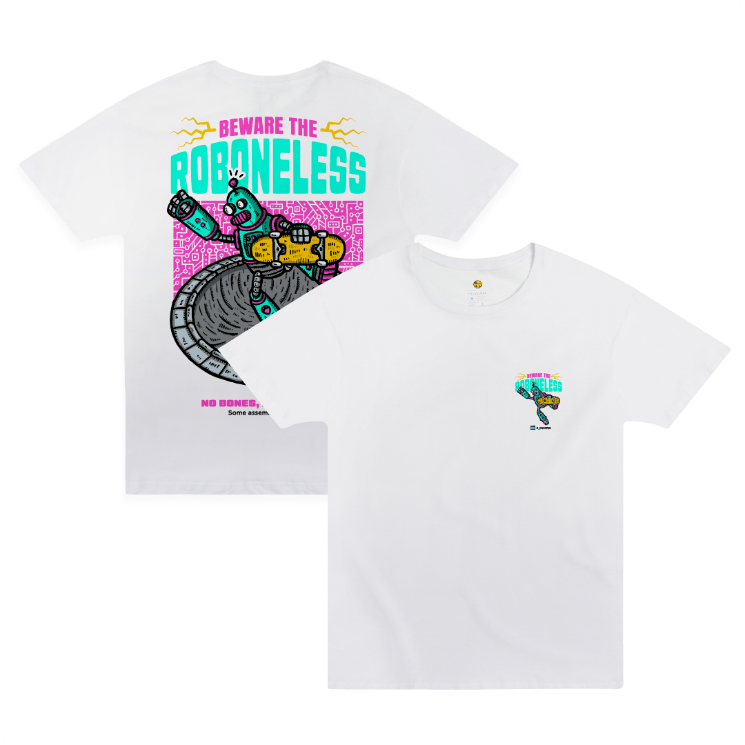 Front and back view of a white t-shirt with a robot graphic doing a skate trick and 'Beware the Roboneless' text on a white background
