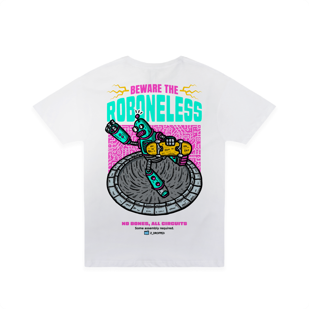 Back view of a white t-shirt with a robot graphic doing a skate trick and 'Beware the Roboneless' text on a white background