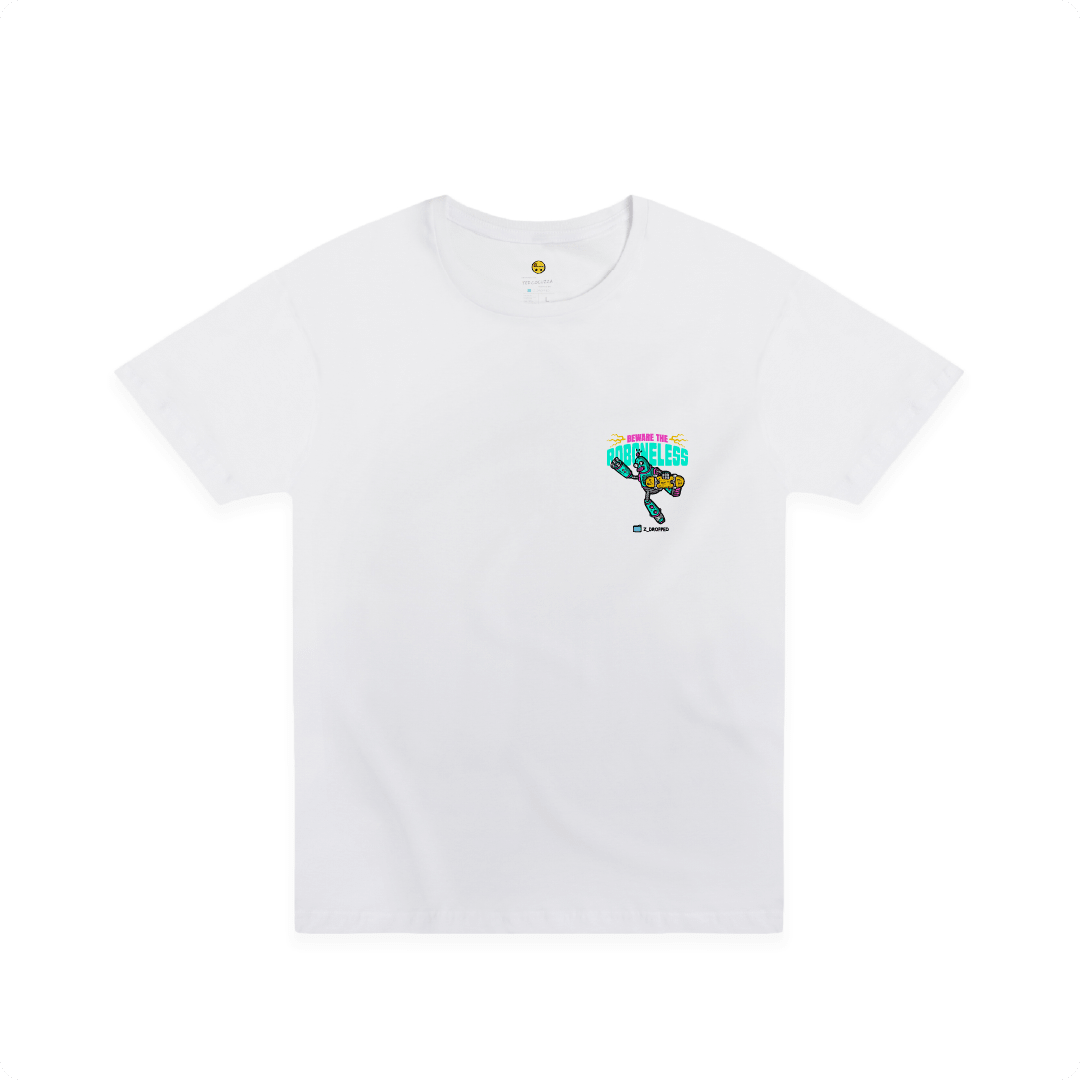 Front view of a white t-shirt with a robot graphic doing a skate trick and 'Beware the Roboneless' text on the chest