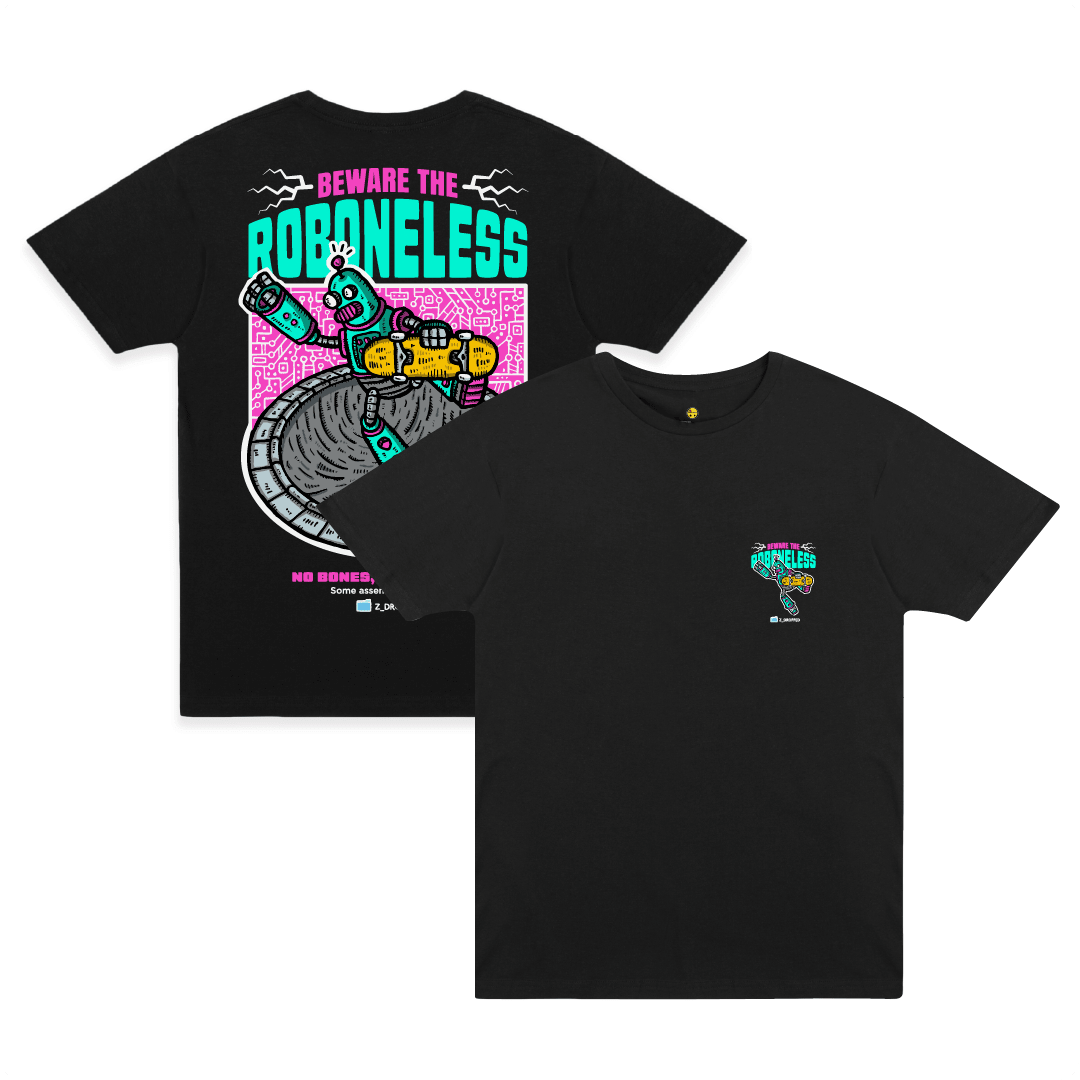 Front and back view of a black t-shirt with a robot graphic doing a skate trick and 'Beware the Roboneless' text on a white background