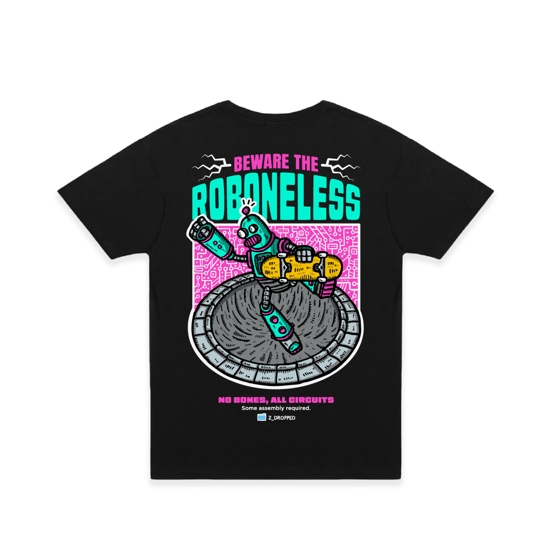 Back view of a black t-shirt with a robot graphic doing a skate trick and 'Beware the Roboneless' text on a white background