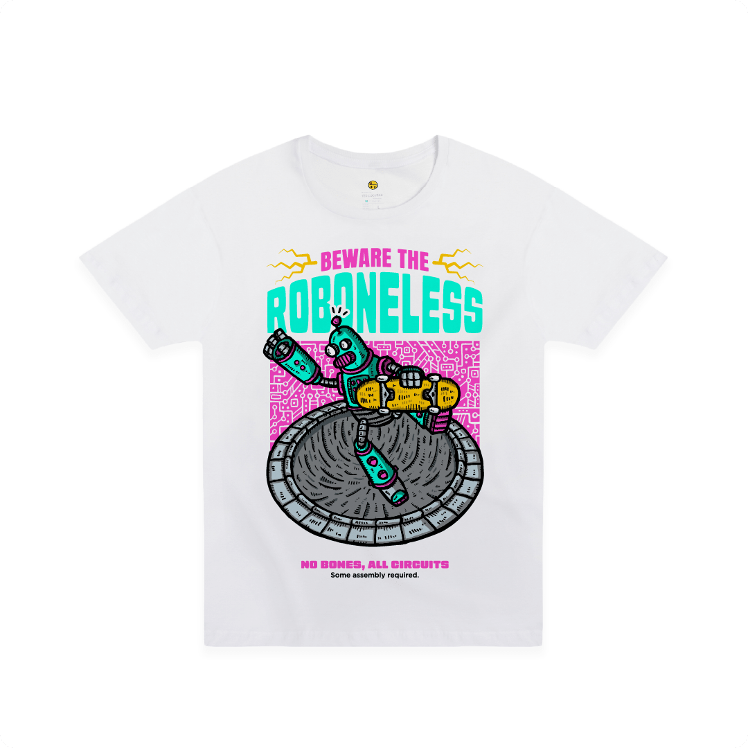 Front view of a white t-shirt with a robot graphic doing a skate trick and 'Beware the Roboneless' text on a white background