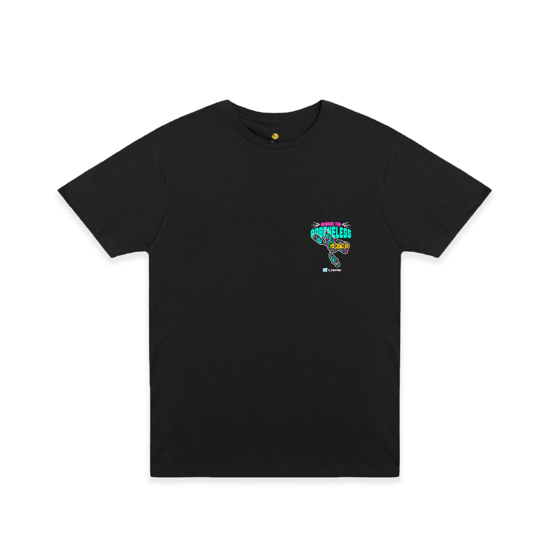 Front view of a black t-shirt with a robot graphic doing a skate trick and 'Beware the Roboneless' text on the chest