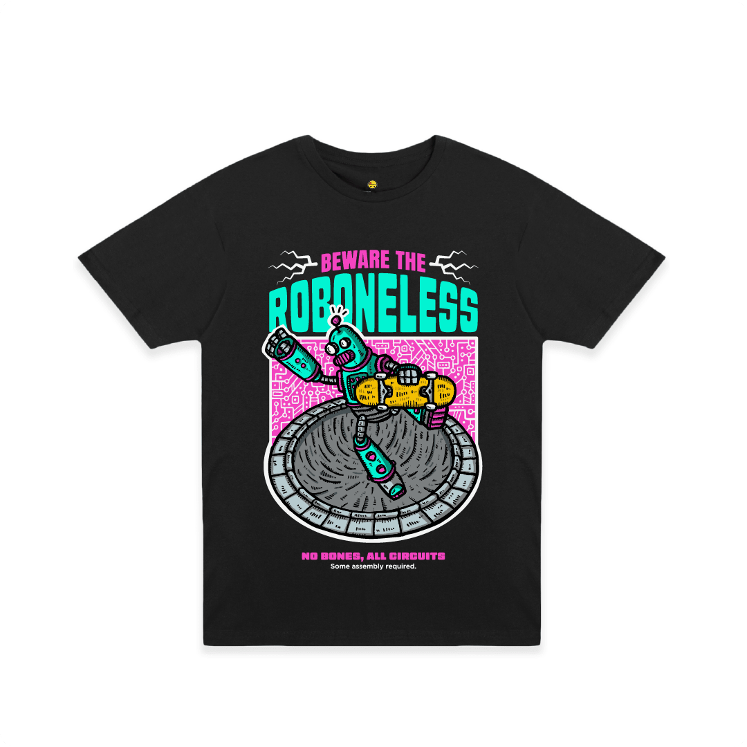 Front view of a black t-shirt with a robot graphic doing a skate trick and 'Beware the Roboneless' text on a white background