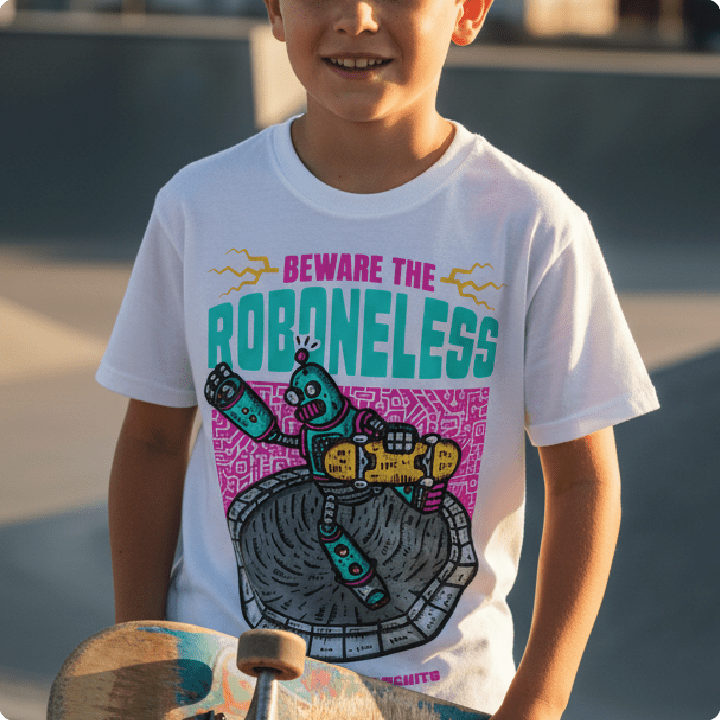 Child wearing a white t-shirt with a robot graphic and 'Beware the Roboneless' text, holding a skateboard.
