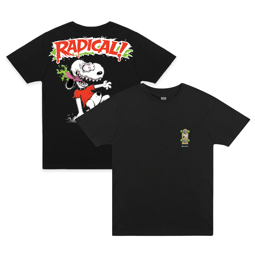 Front and rear view of a black t-shirt with a screaming Snoopy Dog in an Ed Roth style and 'Radical!' text on a white background.