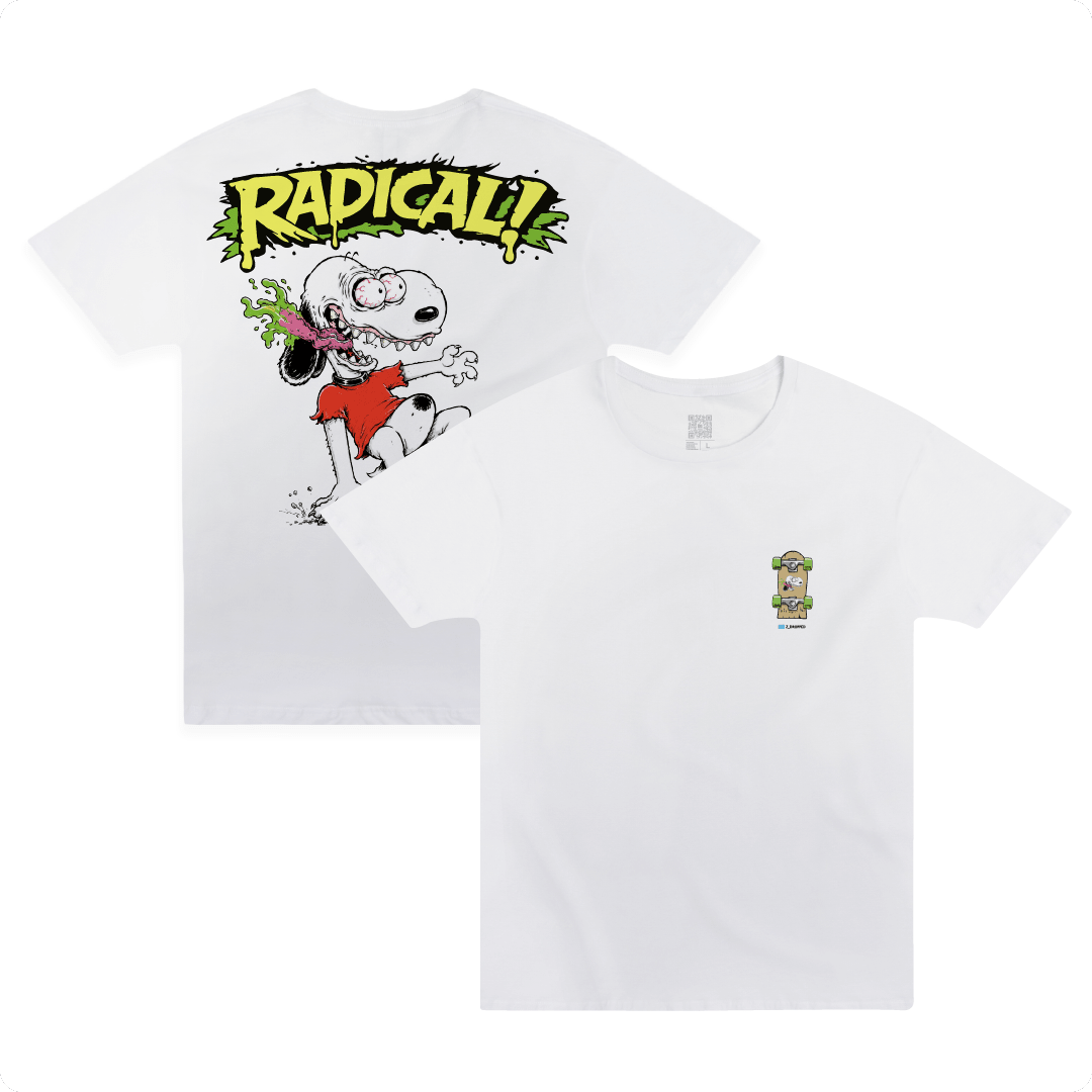Front and rear view of a white t-shirt with a screaming Snoopy Dog in an Ed Roth style and 'Radical!' text on a white background.