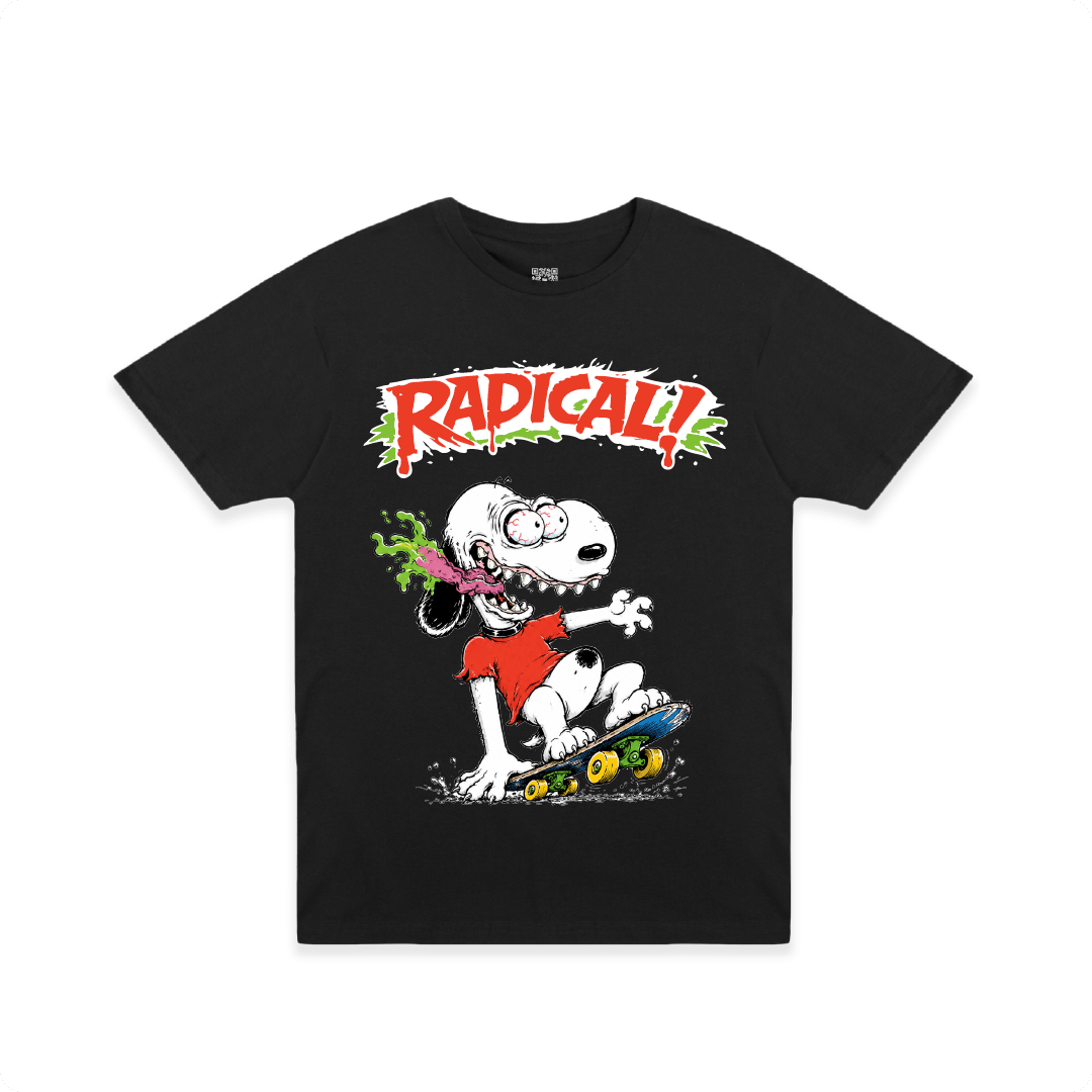 Front view of a black t-shirt with a screaming Snoopy Dog in an Ed Roth style and 'Radical!' text on a white background.