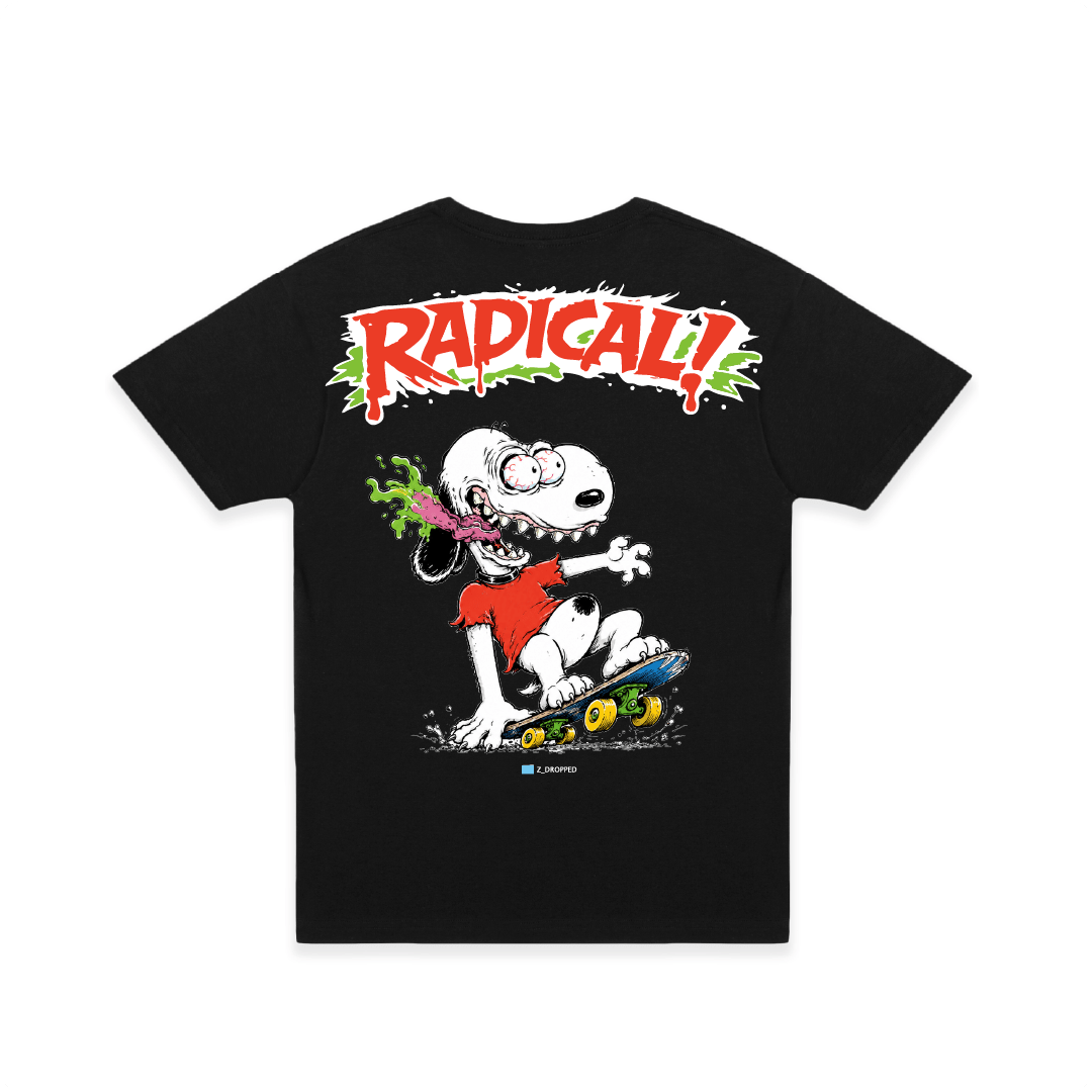 Rear view of a black t-shirt with a screaming Snoopy Dog in an Ed Roth style and 'Radical!' text on a white background.