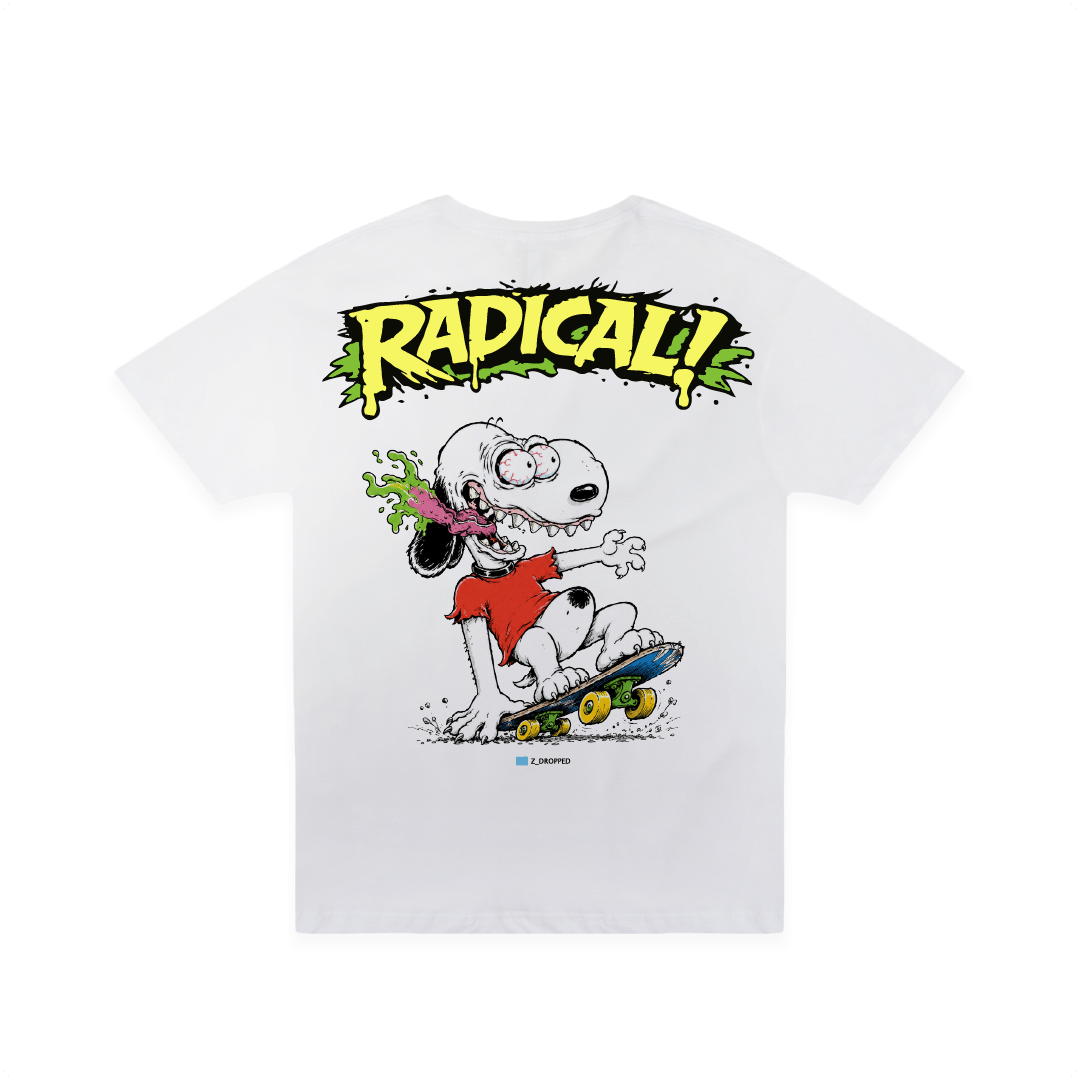 Rear view of a white t-shirt with a screaming Snoopy Dog in an Ed Roth style and 'Radical!' text on a white background.