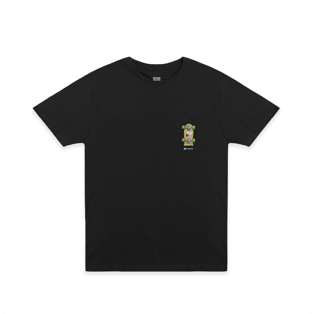 Black t-shirt with a small skateboard graphic on a white background.