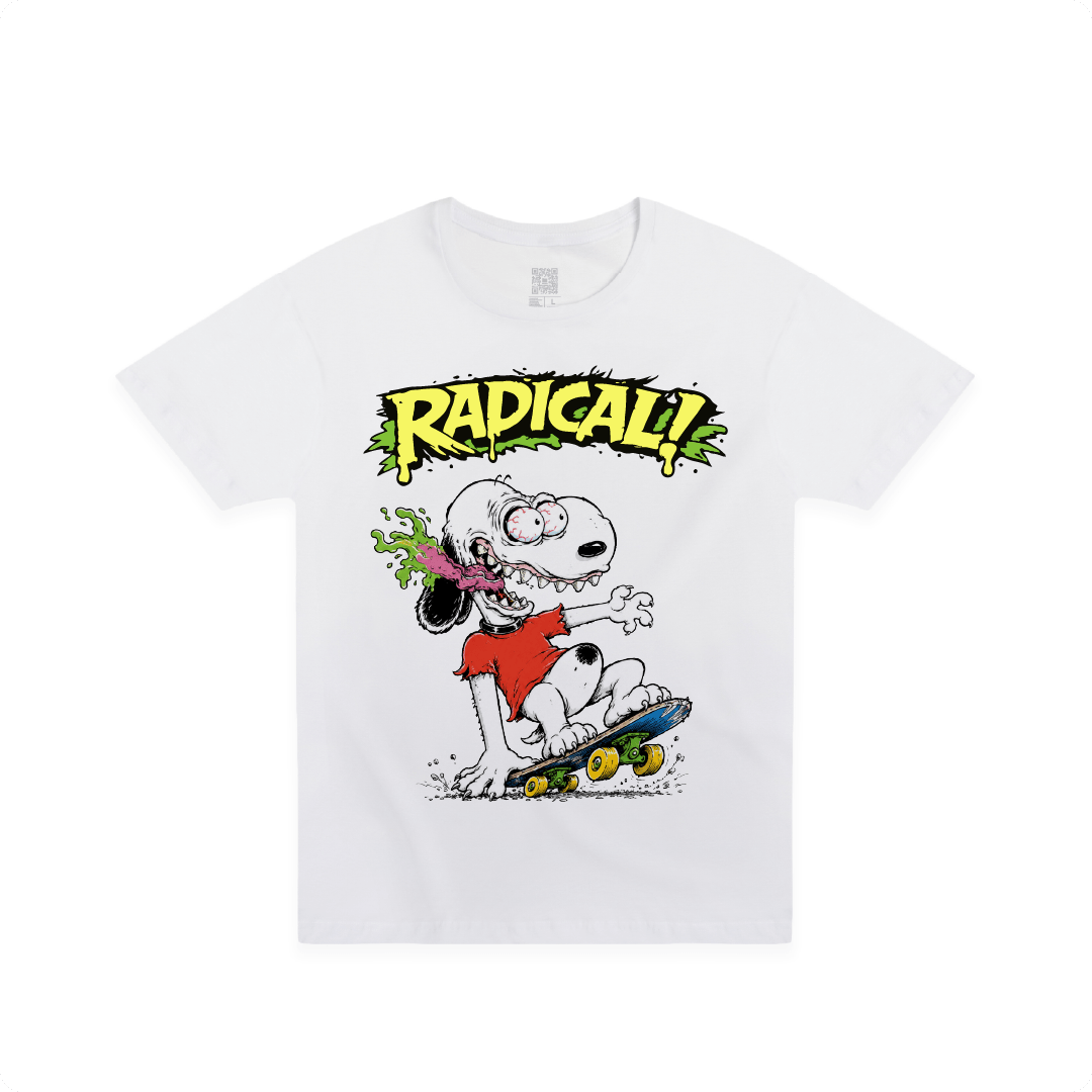 Front view of a white t-shirt with a screaming Snoopy Dog in an Ed Roth style and 'Radical!' text on a white background.