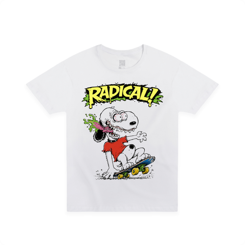 Front view of a white t-shirt with a screaming Snoopy Dog in an Ed Roth style and 'Radical!' text on a white background.