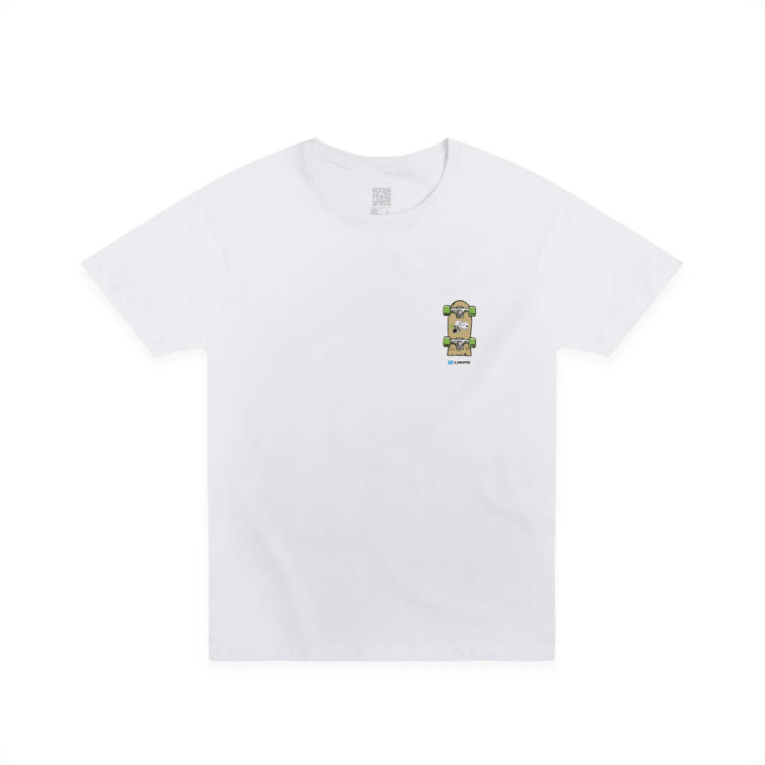 White t-shirt with a small skateboard graphic on the chest on a white background.