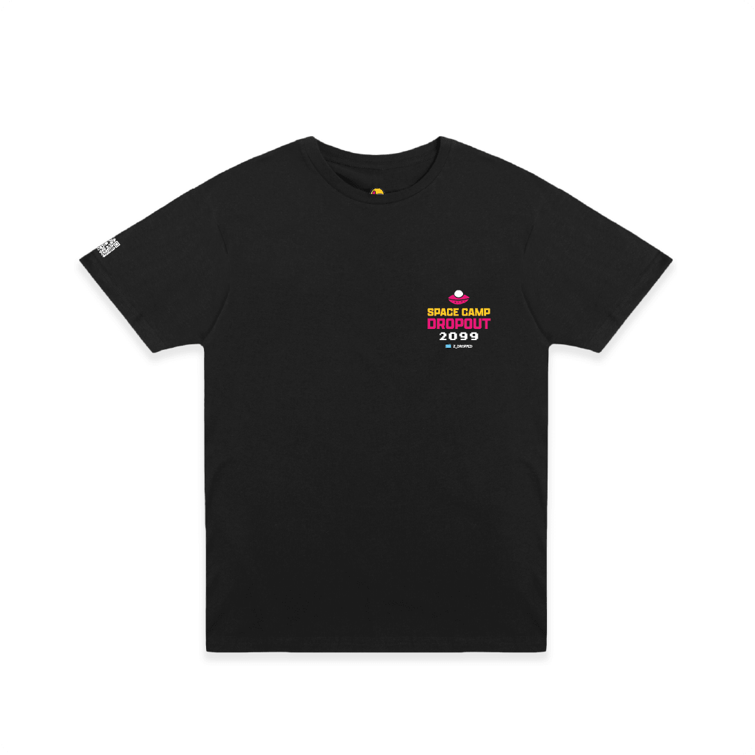 Front view of a black t-shirt with a UFO graphic and "Space Camp Drop Out 2099" on the chest against a white background.