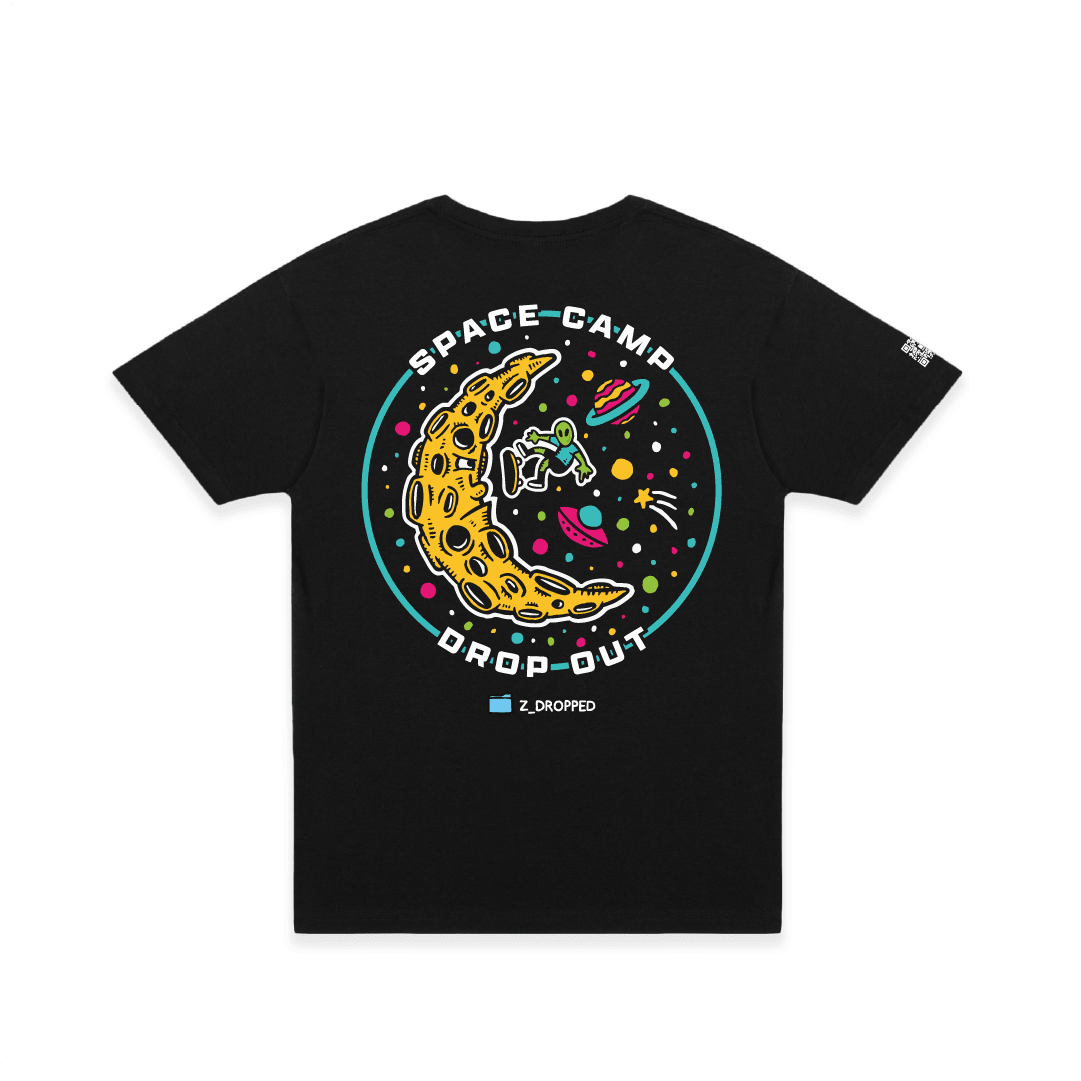 Rear view of a black t-shirt with an alien skateboarding on the moon in space and 'Space Camp Drop Out' text on a white background.