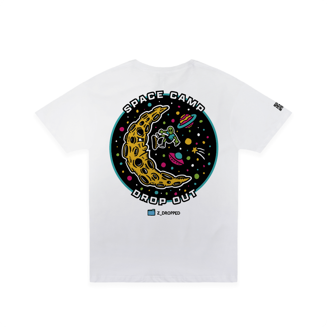 Rear view of a white t-shirt with an alien skateboarding on the moon in space and 'Space Camp Drop Out' text on a white background.