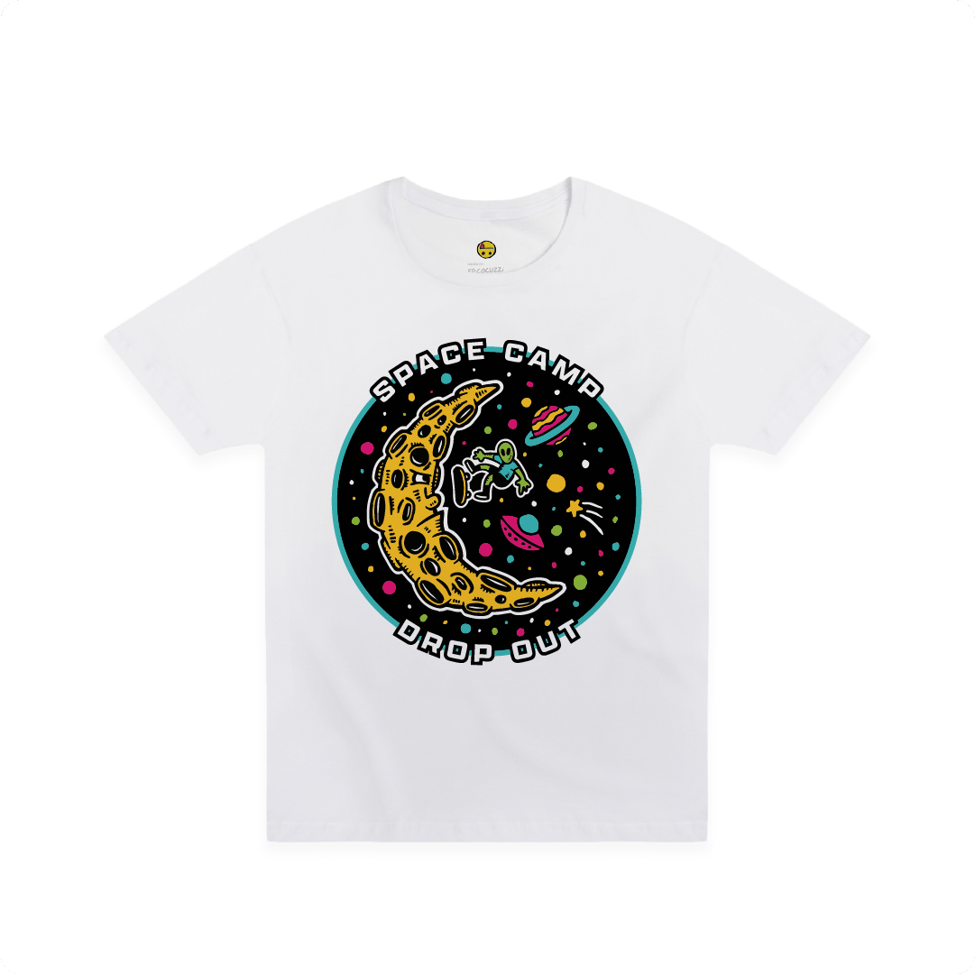Front view of a white t-shirt with an alien skateboarding on the moon in space and 'Space Camp Drop Out' text on a white background.