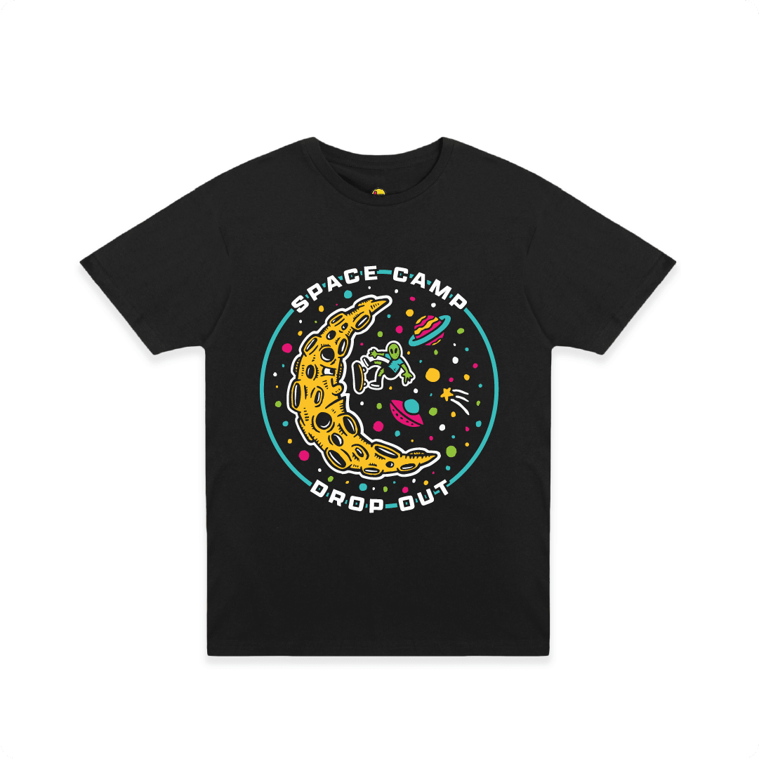 Front view of a black t-shirt with an alien skateboarding on the moon in space and 'Space Camp Drop Out' text on a white background.