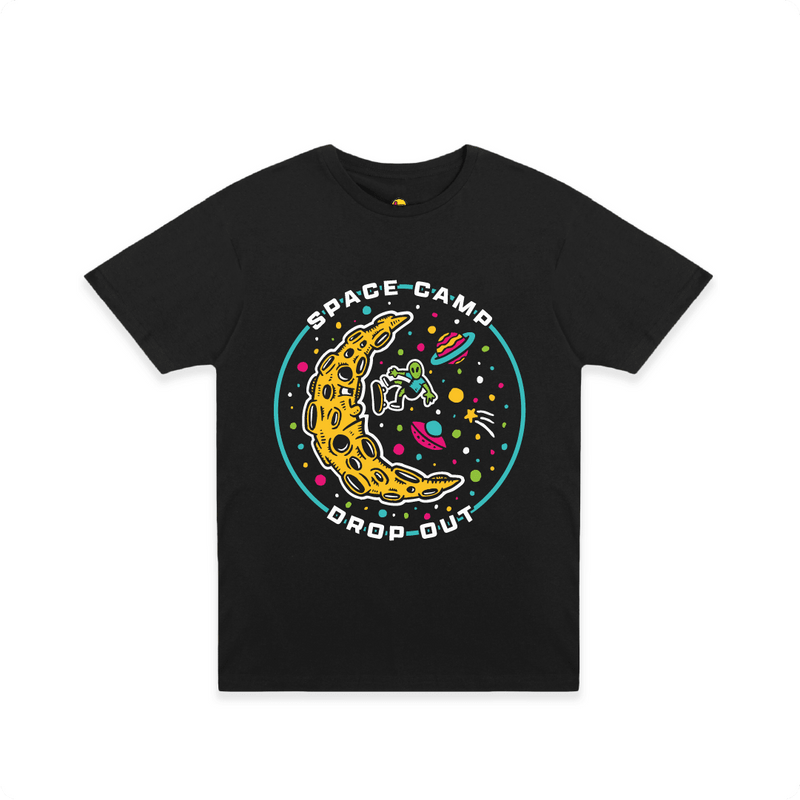 Front view of a black t-shirt with an alien skateboarding on the moon in space and 'Space Camp Drop Out' text on a white background.