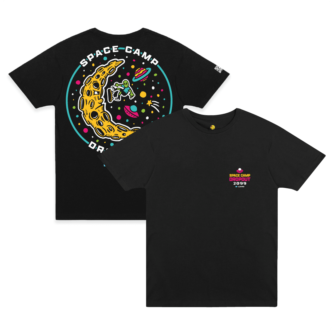 Front and rear view of a Space Camp Drop Out black t-shirt on a white background.