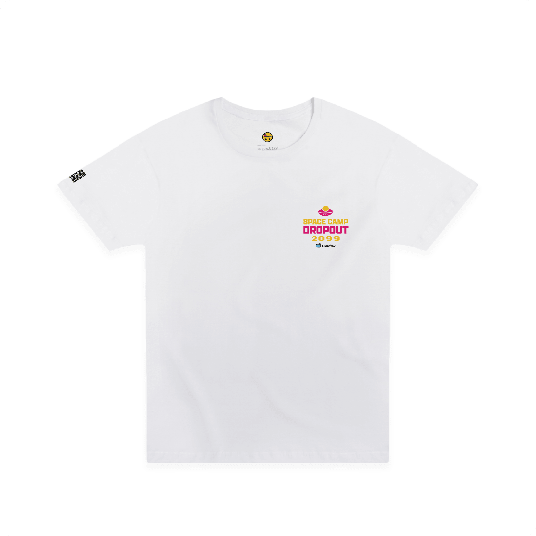 Front view of a white t-shirt with a UFO graphic and "Space Camp Drop Out 2099" on the chest against a white background.