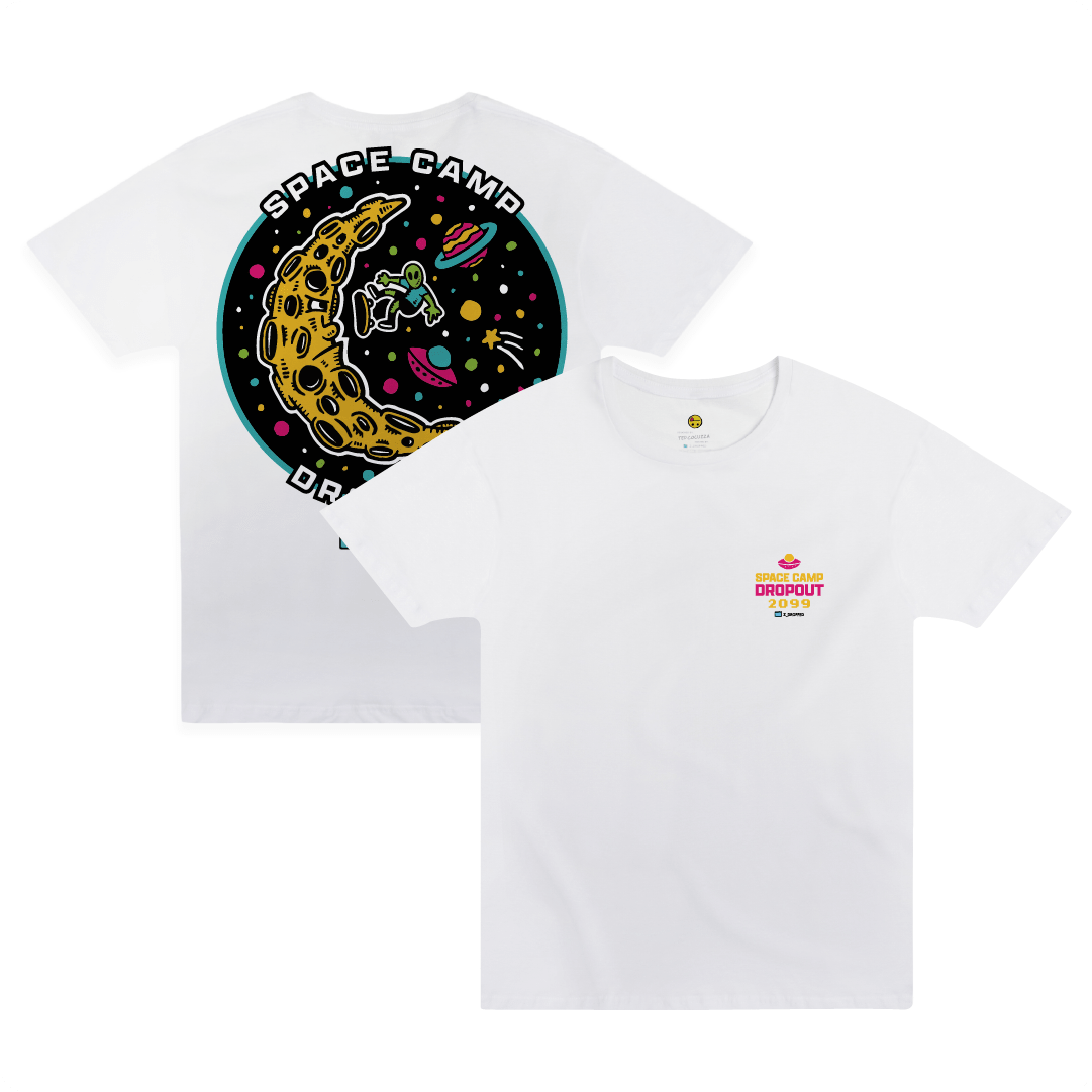 Front and rear view of a Space Camp Drop Out white t-shirt on a white background.