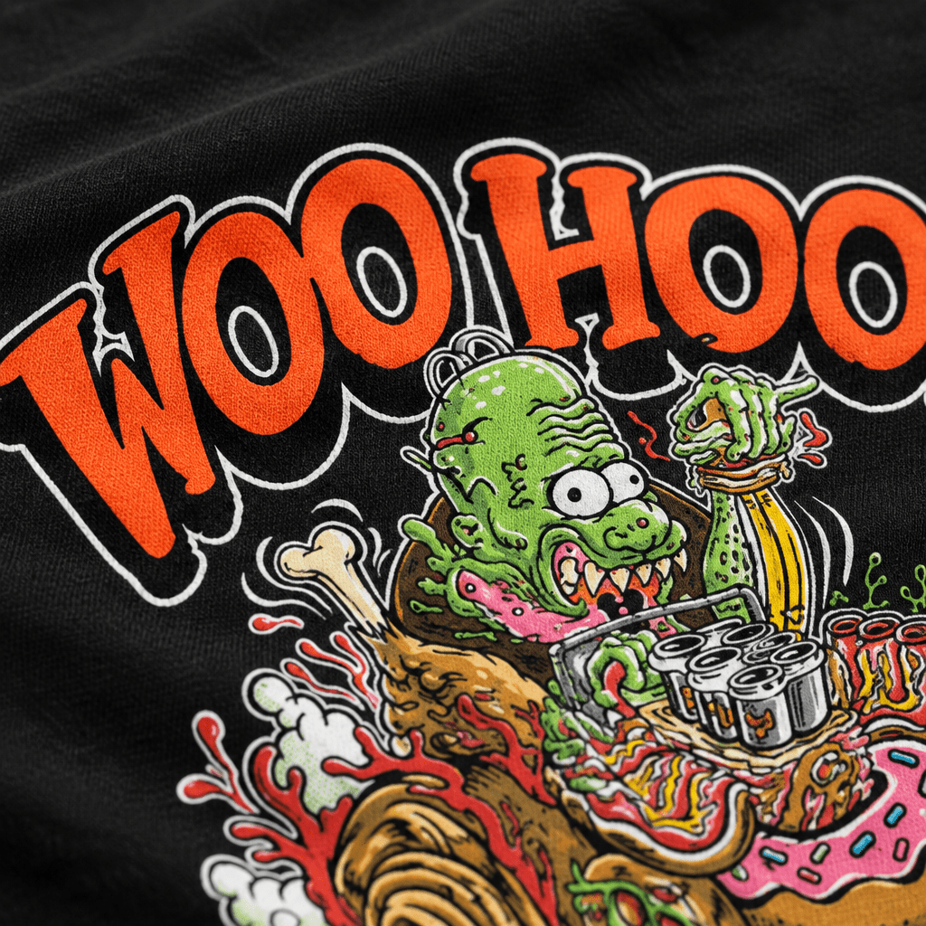 Black Woo Hoo tee macro detail